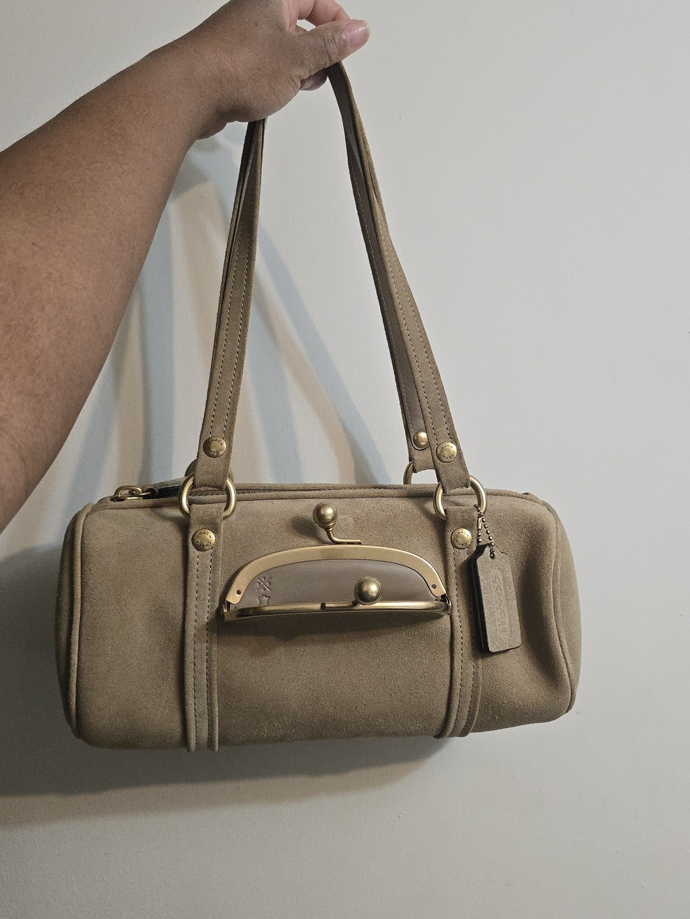 Coach Soul Suede Barrel Bag with Gold Hardware